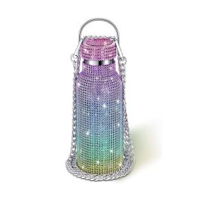 OKDEALS01 Thermal Rhinestone Water Bottle Chain Stainless Steel Bling Cups Bedazzled Removable Carrying Strap Glitter Tumbler Women