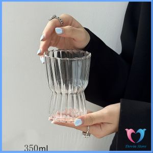 D.S. แก้ววินเทจ ถ้วยกาแฟลายทางสไตล์ญี่ปุ่น ลายจีบด้านในทั้งใบ  Glass coffee cup