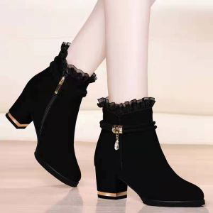 Martini Korean Fashion Suede Ankle Lace Pendant Zipper Short Boots with Heels For Ladies Black 2 inches