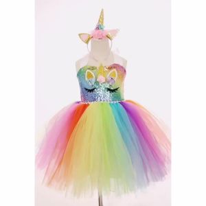 2025CODKids Girls Unicorn Princess Dress 1-10 Years Children Birthday Wedding Party Babydoll Dress Rainbow Sequined Unicorn Dresses