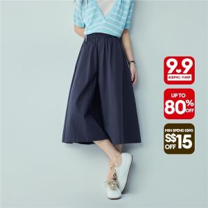 Giordano Beau Monde Women 100% cotton elastic waist cropped culotte pants Free Shipping 13426502