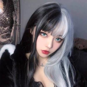 【วิกผมอนิเมะ】วิกผมยาวตรงวิกผมสองสีสำหรับผู้หญิงคอสเพลย์ฮาโลวีนปาร์ตี้คลับ วิคผม ผมต่อ เครื่องประดับผม แฟชั่นผู้หญิง Lady Girl Black & White Ombre ธรรมชาติวิกผมยาวตรงคอสเพลย์น่ารักวิกผมทรงโลลิต้า