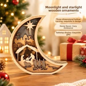 YOUSHI Wooden Nativity Scene Ornament Hope Joy Letter Sign with Light String Christian Table Decor Christmas Holiday Gift