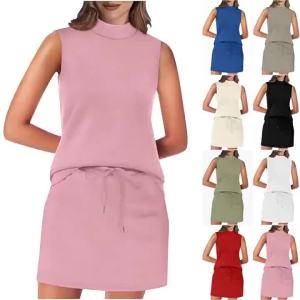2026 Hot Sale [ Shipped from China ] New European and American style womens solid color summer beach vacation sleeveless stand-up collar top and short skirt two-piece set B3