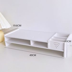 ชั้นวางหน้าจอคอมพิวเตอร์ แบบช่อง มีlogo WiFi ชั้นวางของ ลิ้นชักเก็บของ บนโต๊ะ มีชั้นวาง keyboard