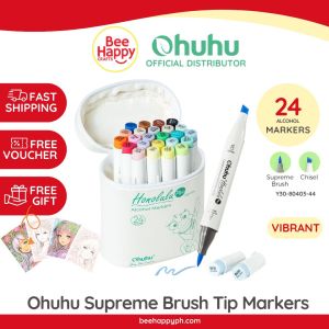 Ohuhu Honolulu Plus  Alcohol Markers Supreme Brush Tip: 24-Color Brush & Chisel Double Tipped Marker Set Y30-80403-44