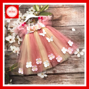 Đầm cho bé cánh tiên hồng cam phối kem đính hoa tú cầu phù hợp cho bé 1 tháng đến 5 tuổi