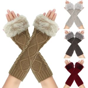 NANMEN Soft Warm Fingerless Gloves Furry Crochet Knitting Arm Warmers Furry Elastic Knitted Sleeves Gloves Autumn Winter