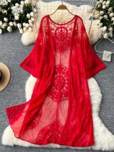 Boho Holiday Beach Summer Cardigan Women Lace Sheer Floral Embroidery Female Cardigans Causal Elegant Long Coat Dopshipping H260729