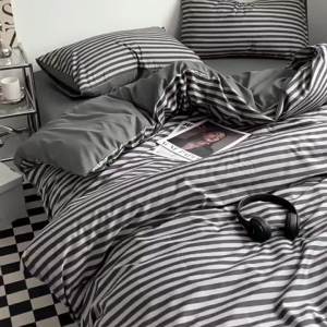Washed Cotton Japanese Style Muji Style Plaid Striped Button Four-Piece Set Pure Color Duvet Cover Bed Sheet Fitted Sheet Three-Piece Set