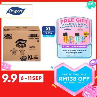 [UPGRADED] Drypers DryPantz Baby Diapers M58/ L48/ XL42/ XXL36/ XXXL20/ XXXXL18 (4 Packs) - Bubble Soft Fit Waist Baby Pants