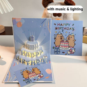 3D Buddhist Style Capybara Birthday Card Automatic Music Light Up Cute Cartoon Glowing Creative Card