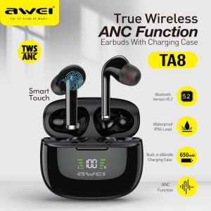 Awei TA8 ANC Wireless Bluetooth Earbuds TWS Wireless Earphones With LED Digital Display Bluetooth 5.2 earphone IPX6 Waterproof earpiece with mic Surround stereo Grade 300 Hours Long Standby headphone For iphone Samsung Huawei Xiaomi