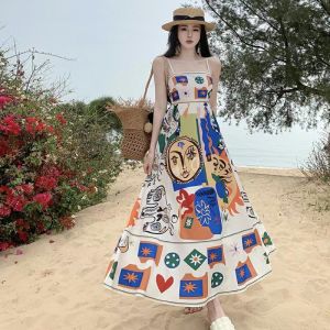 FASHLOVER Summer loose floral suspender dress women retro vacation mid-length dress