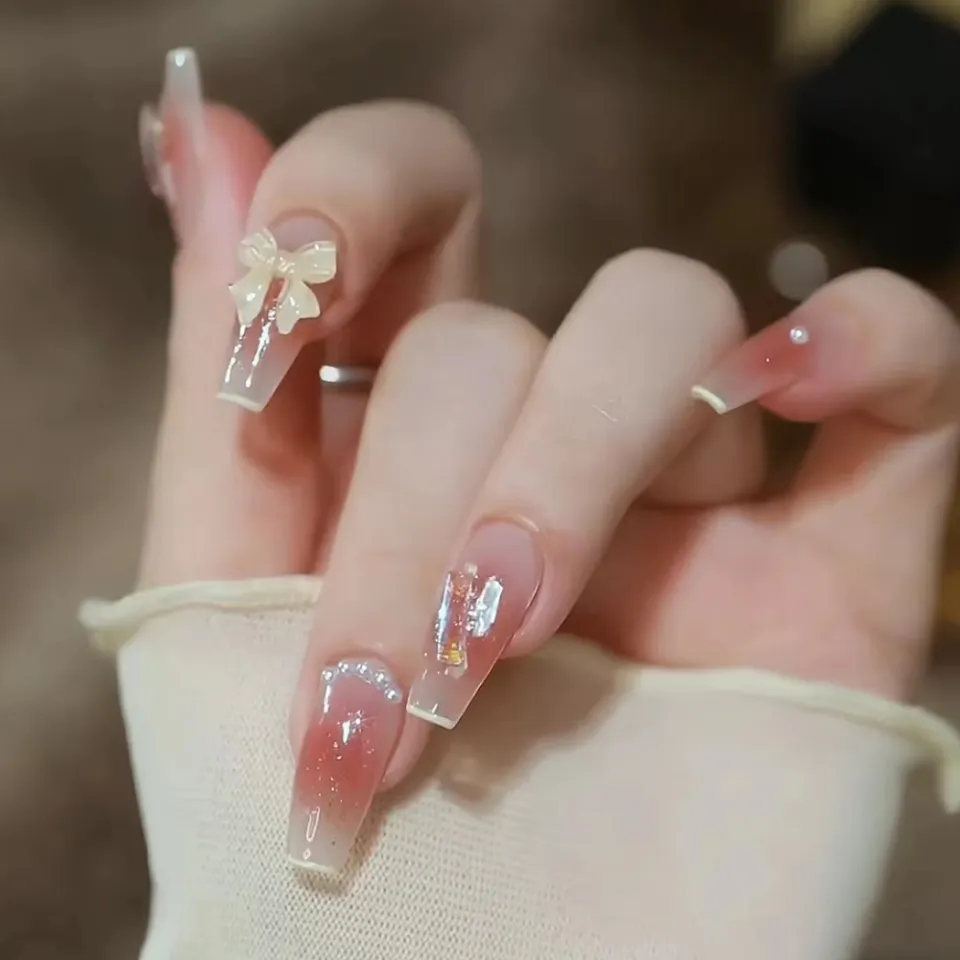 Bộ 24 móng tay giả đính nơ màu hồng DZ135, Nail box dài đính đá, đính nơ,  Nail xinh dễ thương | Shopee Việt Nam