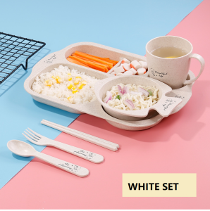 Ready Stock -6 Pieces - Gifts Set Unbreakable Divided Portion Plate kids child Set - Wheat Straw Fiber Plate + cup + chopsticks + spoon + bowl + fork