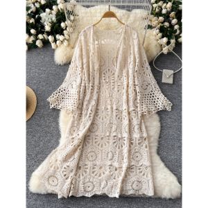 Lazy Style Slimming Hollow Out Flower Knitted Cardigan Womens Vacation Style Wearing Shawl Jacket Long Sun Protection Shirt