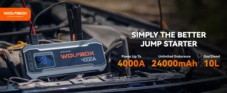 WOLFBOX 4000A Car Jump Starter Power Bank – 24000mAh, USB-C, LED Display, Jumper Box For 12V Vehicles