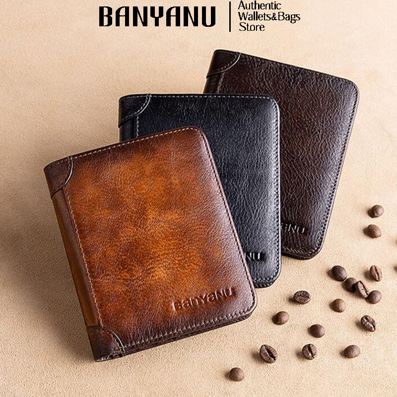BANYANU Vintage Style Genuine Cow Leather Credit Card Holder Three Folding RFID Protective Wallet For Men