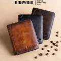 BANYANU Vintage Style Genuine Cow Leather Credit Card Holder Three Folding RFID Protective Wallet For Men. 