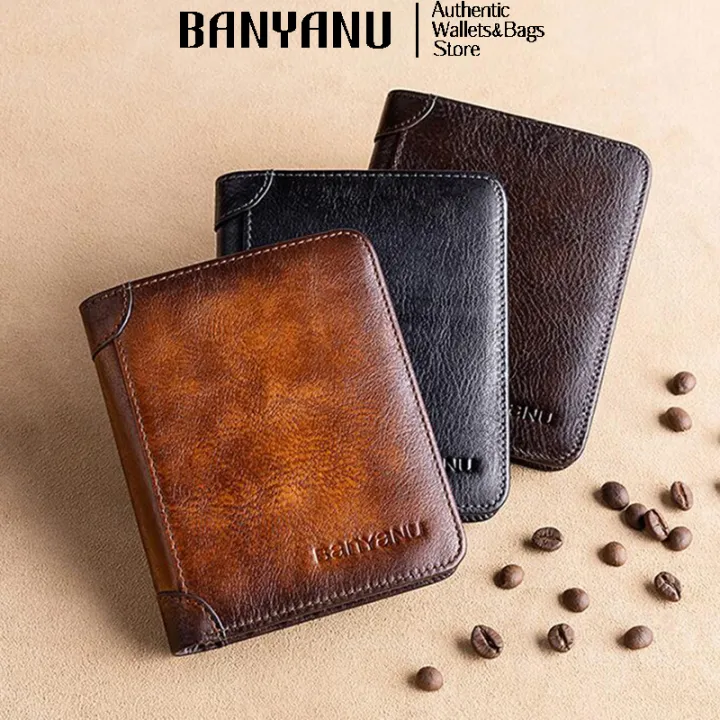 BANYANU Vintage Style Genuine Cow Leather Credit Card Holder Three Folding RFID Protective Wallet For Men
