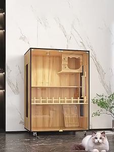 Solid Wood Transparent Tempered Glass House with Pan Multifunctional Cat Cabin Removable Litter  kitten house