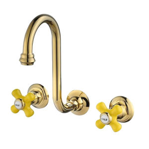 LDIES New Wall Mounted Bathroom Basin Faucet Classical Lavatory Mixer Tap Brass Three Hole Sink tap Ceramic Handle Sink Faucet Gold Q8Z3P