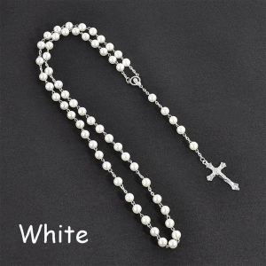 Pearl Bead Glass Catholic Rosary Cross Pendant Necklace Religious Christian Copper Rosary Beads Necklace Jesus Cross Pendant Necklace Long Chain Neck Jewelry Gift