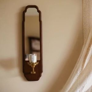 xpkQ Nordic Wooden Decorative Mirrors Luxury Brass Candlestick Decor Wall Mirror Living Room Exquisite Retro Mirror Home Decoration X2Z8B