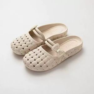 [Free Shipping] Womens Summer New Fashion Soft Sole Home Outdoor Breathable Flat Clog Shoes with Bowknot Half-Slipper