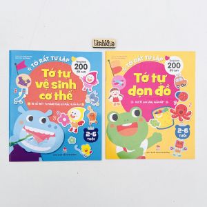 Sách Tớ rất tự lập: Tớ tự vệ sinh cơ thể Tớ tự dọn đồ - tô màu trò chơi và bóc dán hình đề can- Kim Đồng