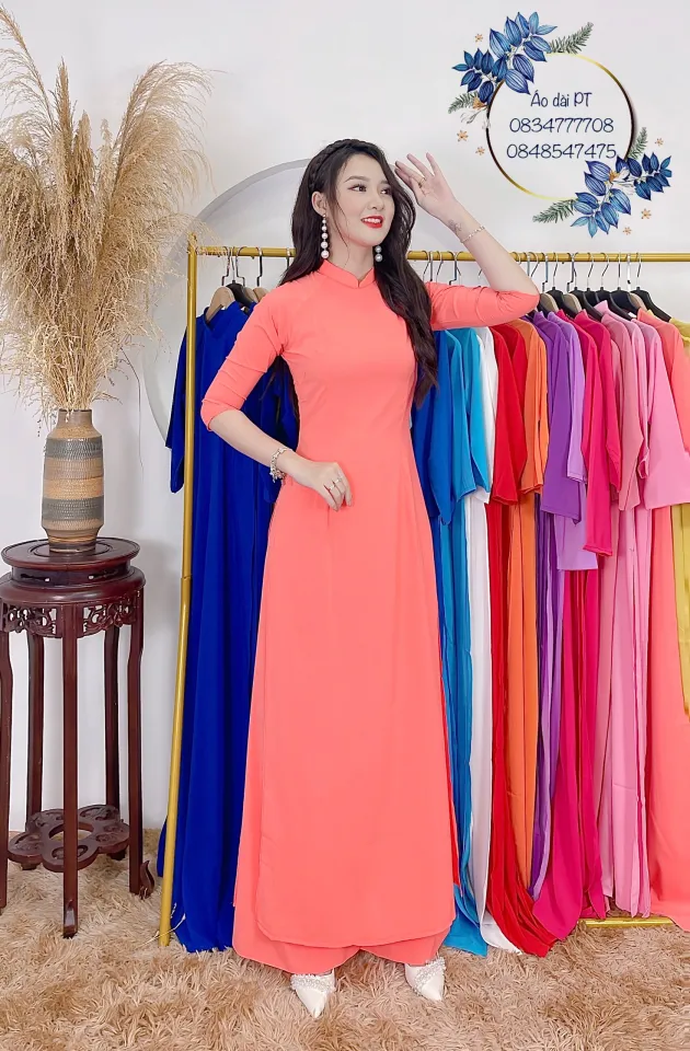 Áo Dài Truyền Thống may sẵn Màu hồng đào Cổ Cao Và Cổ Tròn Có