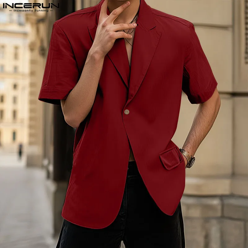 INCERUN Blazer For Man Minimalist Suit Collar Solid Color Top Short Sleeve  Streetwear Leisure Blazer (Korean Style) #250411