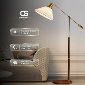 Đèn cây đứng chao sứ thân gỗ óc chó cao cấp Đèn sàn cho phòng khách phòng ngủ phong cách Vintage chao nón xếp ly