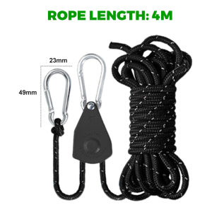 4M Reflective Tent Rope Pulley Wind Rope Camping Guy Line Awning Canopy Tightener Carabiner