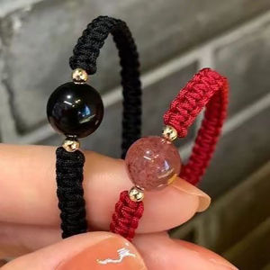[fenggongshuode] New Obsidian Lucky Beads Strawberry Bracelet Womens Woven Couple Bracelet Gift