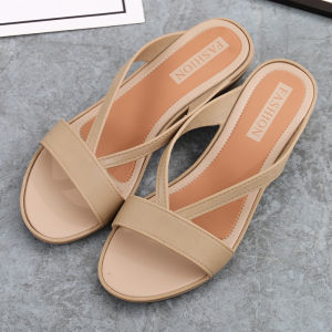 [Free Shipping] Simple Cross-Strap One-Strap Sandals For Women Fashionable Summer Outdoor Wear Non-Slip Wedge Heel Slippers