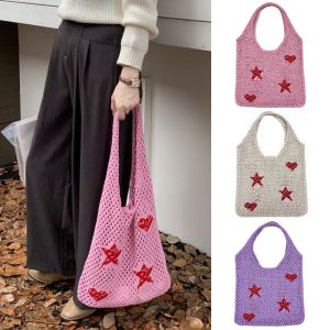 JBS73 Sweet Strawberry Crochet Shoulder Bag Heart Printed Knitting Tote Bag Simple Large Capacity Knitted Crochet Handbag Girls