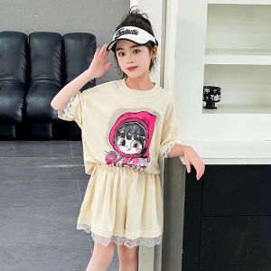 ชุดเด็กผู้หญิง เสื้อลูกไม้+ กางเกงขาสั้นลูกไม้ ชุดลูกไม้ ชุดเด็ก เสื้อผ้าเด็กโต เสื้อผ้าเด็กผญ