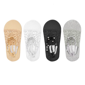 Womens Seamlessly Lace Ankle Socks Nonslip Faux Pearls Strap Soft Elastic Fibers Breathable Socks For Work And Leisure