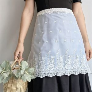 GONLUEZ Lace Trim Half Apron Half Length Black White Color Waist Apron Pastoral Floral Embroidered Water Resistant Apron For Kitchen