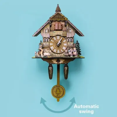 【Limited Stock Available】 Wood Cuckoo Wall Clock Natural Bird Come Out Alarm Voices Time Bell Swing Pendulum Bird House Shape Home Art Decor