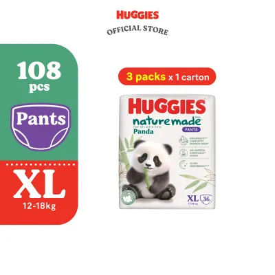 Huggies Naturemade Panda Pants Diapers M56 / L42 / XL36 / XXL24 (3 Packs) - Super Premium Baby Diaper with Bamboo Fiber