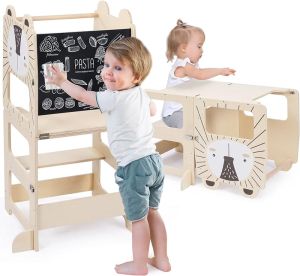 LZD Kids Step Stool Kitchen Stool for Toddlers Learning Wooden Tower with Chalkboard Foldable Toddler Table and Chair Set 3 in 1 Standing Tower with Message Boards for 18M