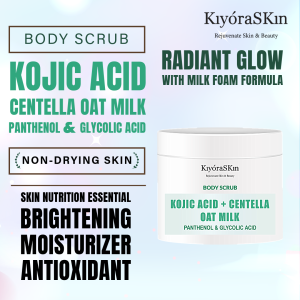 KiyoraSKin Radiant Glow Body Scrub AHA Exfoliate Panthenol Glycolic Kojic Acid Centella Oat Milk Lulur Eksfoliasi Pemutih Badan Pembersih Sel Kulit Mati 200 ml