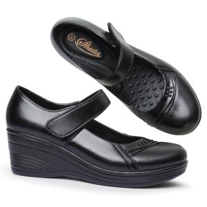 Womens stylish round-toe black shoes non-slip and waterproof rubber 5cm thick sole high-heeled black shoes