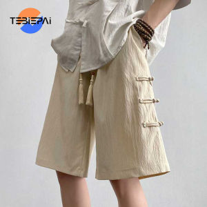 Mens shorts new Chinese pan buckle casual shorts summer thin ice silk outside wear large size loose mens five-minute pants trend handsome
