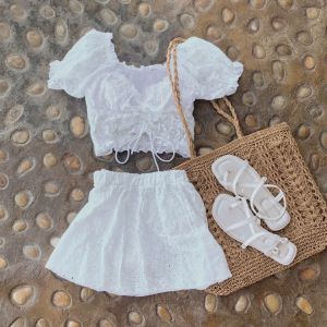 ชุดว่ายน้ํา แขนพัฟ เอวสูง แต่งรูกลวง ขนาดเล็ก สไตล์เจ้าหญิง เหมาะกับเดินชายหาด สําหรับนักเรียน H2442