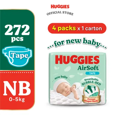 Huggies Airsoft Tape Diapers NB68/S58 (4 packs) - Breathable and soft premium diapers for baby