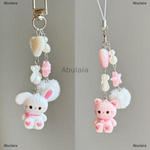 [COD] Abulaia Cute Rabbit Kitty Bear Pendant Key Chain Fluffy Ball Bow Bead Mobile Phone Chain Anti-Lost Lanyard Kawaii Bag Charm Gift